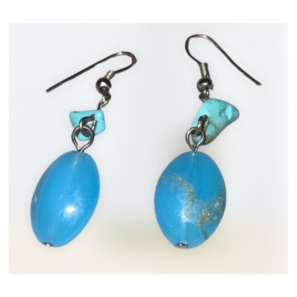 Turquoise In Surgical Steel 2” Dangling Fishhook Earrings NEW